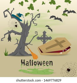 childrens illustration in the flat style, the theme of the eve of all saints day, Halloween party, scary tree, a coffin with a zombie vector EPS 10