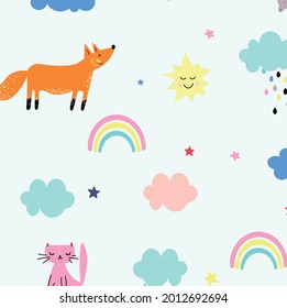 Children's illustration with flattering animals and a rainbow. Funny print about the weather with a fox and a hare. Picture with a cat, seamless pattern