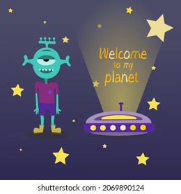 Children's illustration with a flying saucer and an alien. Cute illustration for children's clothing