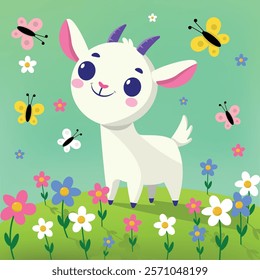 Childrens Illustration. A Goat on a Flower Meadow, Enchanted by the Dance of Butterflies.