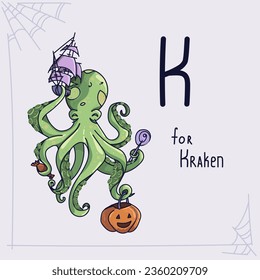 Children's illustration in Halloween style. Card for learning the alphabet. A green cheerful Kraken holds a boat, a pumpkin and sweets. Letter K.