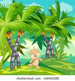 Children's illustration with a happy teddy bear in the jungle for web graphics, print, game, design.