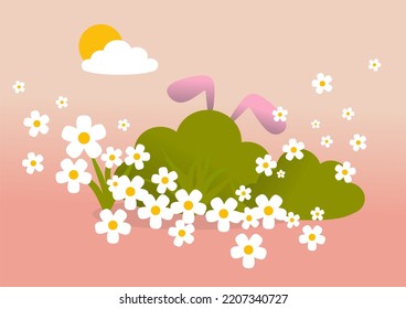 Children's illustration. The hare is hiding behind a bush. The sun and a cloud in a pink sky. Lots of white flowers. Daisies. Photo wallpapers. Vector illustration