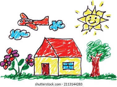 Children's illustration of a house. It has a garden with colorful flowers, grass and a tree. A sky with clouds, a plane and a smiling sun.