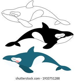 Children's illustration of a killer whale in black and white, color and linear version on a white background. For a children's magazine, postcards, educational toys, coloring pages, stickers. Sea