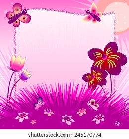 Children's illustration with label for text. Meadow at sunset. Pink color. Vector illustration