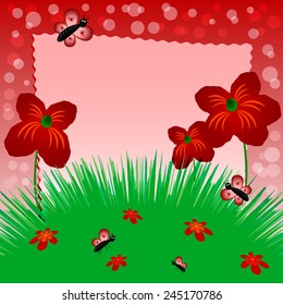 Children's illustration with label for text. Meadow with poppies. Red color. Vector illustration