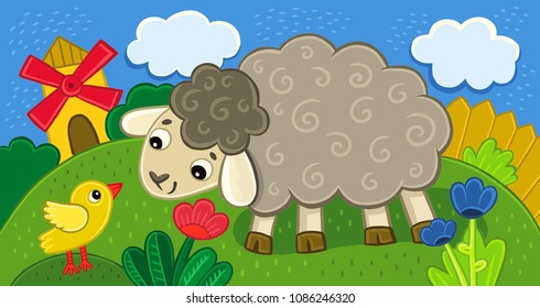 children's illustration: lamb and chicken on the farm