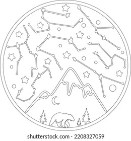 children's illustration. landscape with constellations, wild animals, mountain and the forest. svg vector illustration