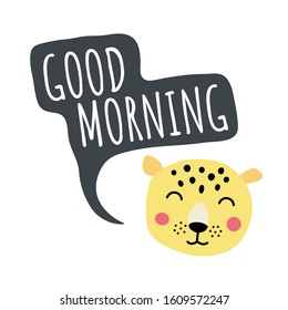 Children's illustration with a leopard shouting good morning
