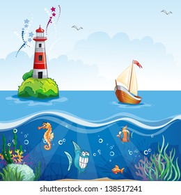 Children's illustration with lighthouse and sailboat. On the sea floor, and funny fish