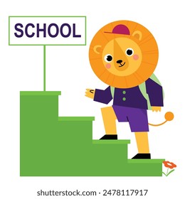 Children's illustration of a lion going to school.