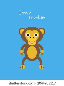 Childrens illustration of a little cute monkey.Vector illustration isolated on a colored background, application for children, game, book, print, card, sticker.