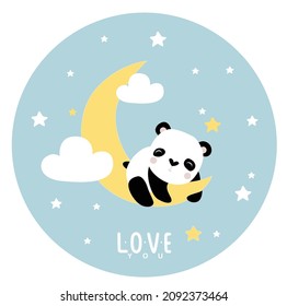 Children's illustration with a little panda on the moon. Baby mat. Cartoon panda.
