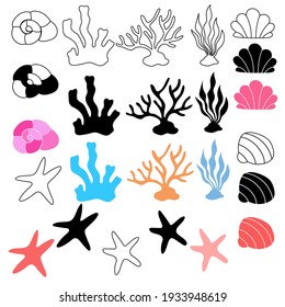 Children's illustration of a marine scenery in black and white, color and linear version on a white background. For a children's magazine, postcards, educational toys, coloring pages, stickers. Sea