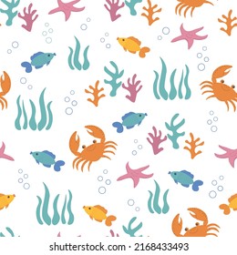 Children's illustration with marine theme: sea, corals, crab, starfish and fish. Seamless pattern with cute nautical elements. For children's textiles, backgrounds. Vector image.