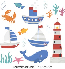 Children's illustration with maritime themes: sailing ship, steamer, whale, lighthouse, starfish and coral. Vector image in doodle style. Hand drawn.