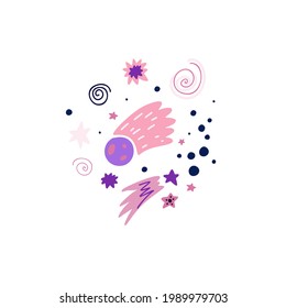 Childrens illustration of a meteorite, shooting star, stars and curls on a white background. Cosmic luminaries. Galaxy. Vector hand drawn flat illustration