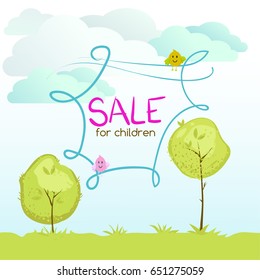 Children's illustration of nature, cartoon landscape, sale inscription for children. Vector background of nature.