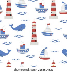 Children's illustration with a nautical theme: sailing ships, steamer, lighthouse, waves and whale. Seamless pattern with cute nautical elements. For children's textiles, backgrounds. Vector image. 