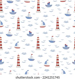 Children's illustration with a nautical theme: sailing ships, steamer, lighthouse, waves. Seamless pattern with cute nautical elements. For children's textiles, backgrounds. Vector image.