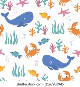 Children's illustration with a nautical theme: sea, corals, crab, whale, starfish and fish. Seamless pattern with cute nautical elements. For children's textiles, backgrounds. Vector image.