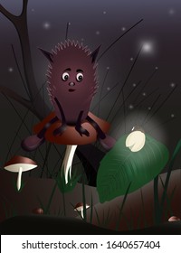 Children's illustration. Night forest. firefly, forest creature. tree, mushrooms. Vector image.