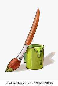 Children's illustration on the theme of drawing, suitable for stickers on the cabinet with clothes, briefcase or pencil case. Cartoon brush and jar of green paint, gouache or acrylic