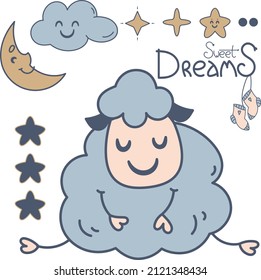 Children's illustration on the theme of sleep. Banner with the image of a cute sheep sleeping on a cloud under a rainbow, moon and stars. Vector. Delicate color scheme.