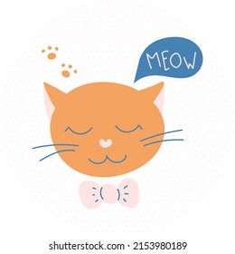 Children's illustration of an orange cute cat with a bow. Hand dawn and doodle style. Vector illustration