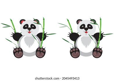 Children's illustration of a panda. Spot the differences in animals. Print on paper. Vector illustration