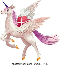 children's illustration of a pegasus unicorn with gifts on its back