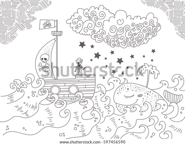 Childrens Illustration Pirate Ship Sea Whale Stock Vector