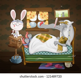 Children's Illustration, Rabbit Treats The Wolf. Fairy Scene. Dr. Hare, Wolf Patient. Vector Illustration.