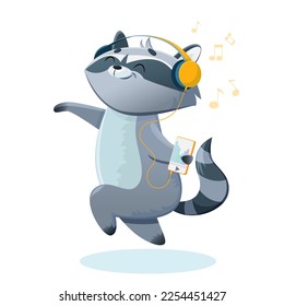 Children's illustration, raccoon wearing headphones. Vector isolated graphics on a white background