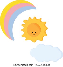 Children's illustration of rainbow, sun and clouds.  Suitable for placing on baby clothes, toys, books, in the nursery, on the crib