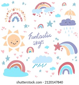 children's illustration with a rainbow with sun and clouds. Trendy childish texture for fabric textile wallpaper. For printing on fabrics, clothing, wrapping paper, wallpaper for children's room, chil