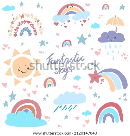 children's illustration with a rainbow with sun and clouds. Trendy childish texture for fabric textile wallpaper. For printing on fabrics, clothing, wrapping paper, wallpaper for children's room, chil