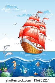 Children's illustration of a sailboat with red sails and the underwater world. Vector image for web design, print, magazine, poster.