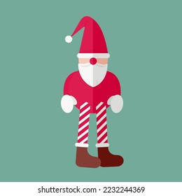 Children's illustration of Santa's helper elf or gnome on a green background. A toy with long legs. Decoration for New year and Christmas. Red nosed grandfather with white beard. Flat style. Vector