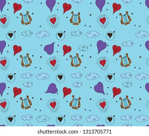 Children's illustration seamless pattern on blue background heart lyre clouds abstract print vector