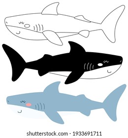 Children's illustration of a shark in black and white, color and linear version on a white background. For a children's magazine, postcards, educational toys, coloring pages, stickers. Sea animals