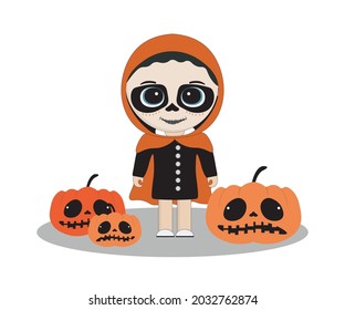 a children's illustration showing a little girl in a carnival costume for halloween