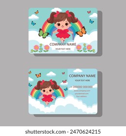 Children's illustration. The illustration shows a little girl among a rainbow and clouds. The illustration is made in the form of a business card for a children's store or club