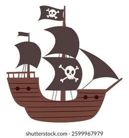 Children's illustration in simple vector style. Cute pirate ship on white background 