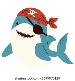 Children's illustration in simple vector style. Cute shark in pirate bandana and eye patch on white background 