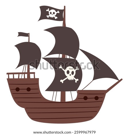 Children's illustration in simple vector style. Cute pirate ship on white background 