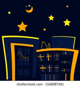 children's illustration of a sleeping city on a blue background with houses, windows, doors, shop windows, eyelashes, the moon, stars, a cat on the roof