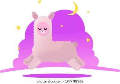 Childrens illustration of sleeping lama with moon and stars in purple color