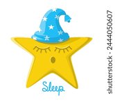 Childrens illustration of a sleeping star in a nightcap and lettering sleeping on a white background. 